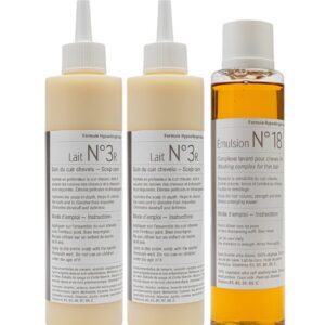 Clauderer purifying kit for scalps prone to dandruff or itching, comprising two 250ml bottles of No. 3R purifying lotion and one 250ml bottle of No. 18 moisturising and cleansing emulsion