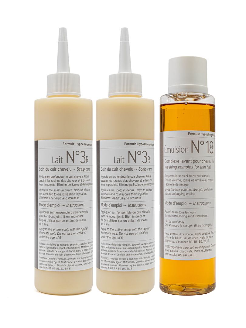 Kit Purifiant Clauderer pour le cuir chevelu sujet aux pellicules ou démangeaisons composé de deux Laits N°3R purifiants de 250ml et une Emulsion N°18 hydratante et lavante de 250ml