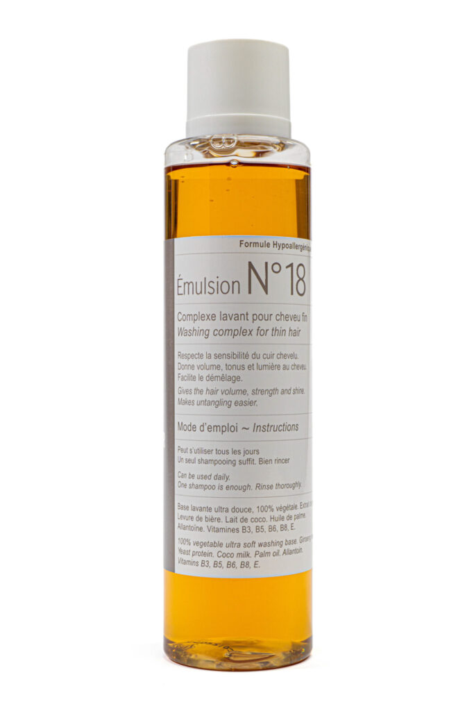 Bottle of Clauderer No. 18 Shampoo, for gently washing fine hair