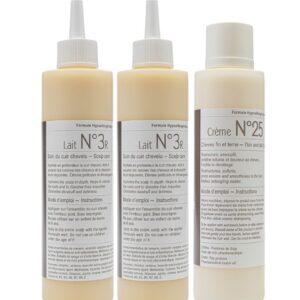Clauderer purifying kit for scalps prone to dandruff or itching, comprising two 250ml bottles of No. 3R purifying lotion and one 250ml tube of No. 25 moisturising and cleansing cream