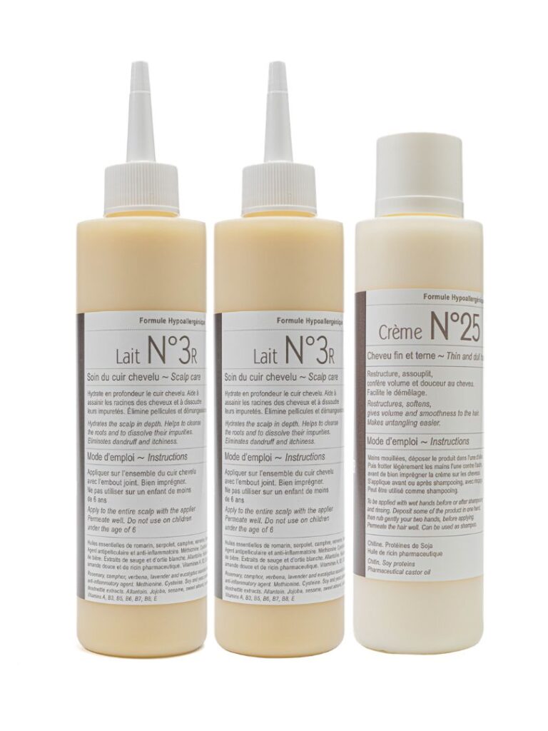 Kit Purifiant Clauderer pour le cuir chevelu sujet aux pellicules ou démangeaisons composé de deux Laits N°3R purifiants de 250ml et une Crème N°25 hydratante et lavante de 250ml
