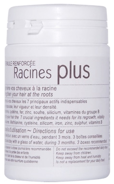 Pot de gélules Racines Plus Clauderer, complément alimentaire, stimule la croissance des cheveux