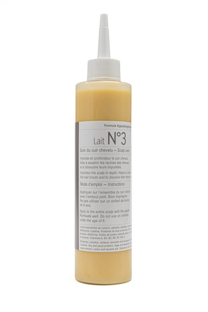 Clauderer No. 3 milk bottle, a nourishing and purifying treatment for normal to dry scalps