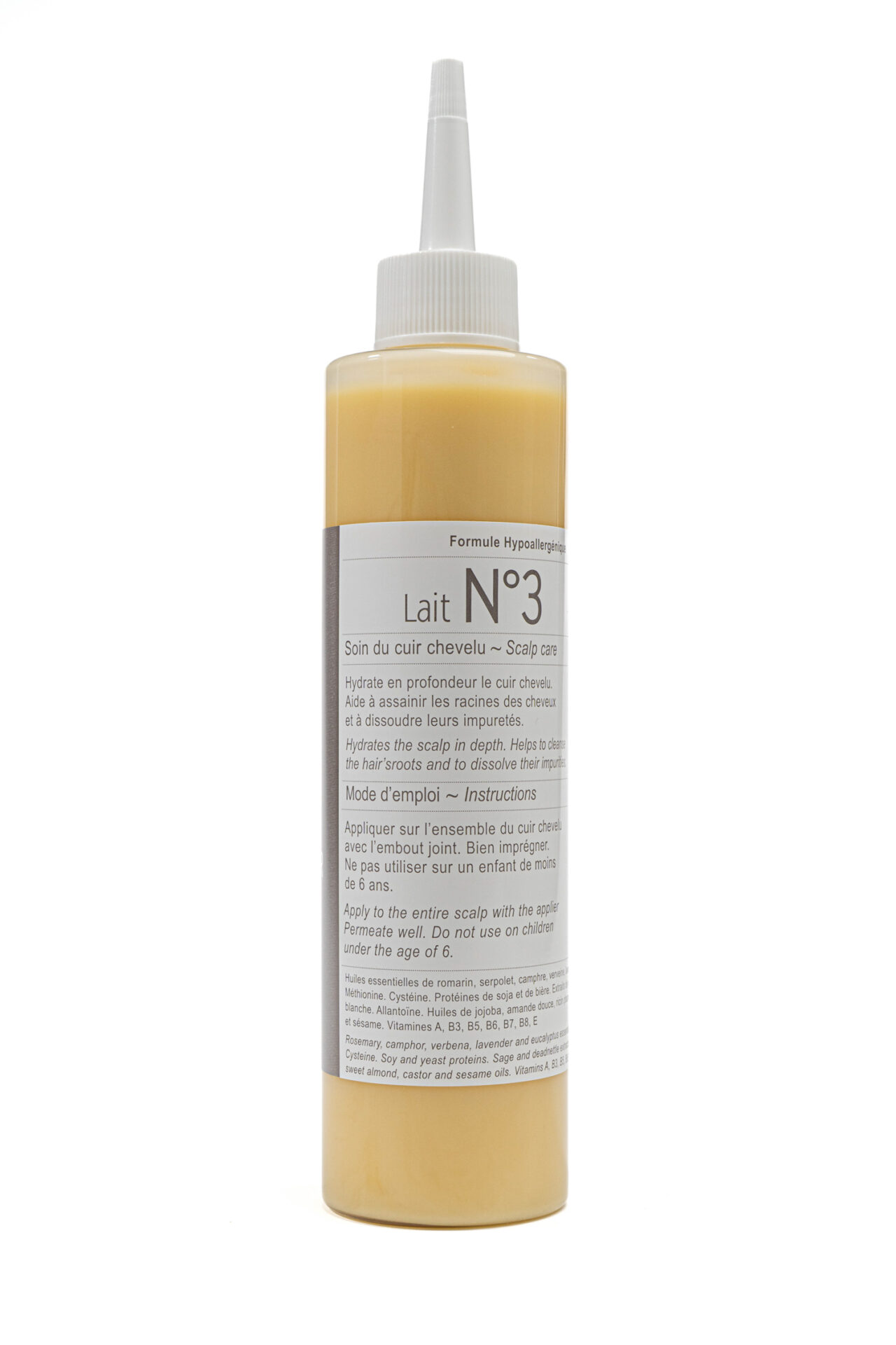 Clauderer No. 3 milk bottle, a nourishing and purifying treatment for normal to dry scalps